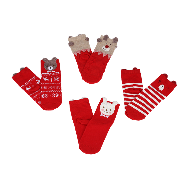 Calcetines de tubo con cara de animal de hilo de plumas bonitos en 3D con diseño de jacquard rico en algodón a la moda para niños con orejas en 3D en el ribete